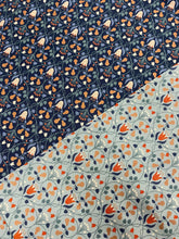 Load image into Gallery viewer, Metallic pears with flowers cotton fabric - 1/2 mtr light blue/dark blue