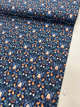 Load image into Gallery viewer, Metallic pears with flowers cotton fabric - 1/2 mtr light blue/dark blue