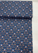 Load image into Gallery viewer, Metallic pears with flowers cotton fabric - 1/2 mtr light blue/dark blue