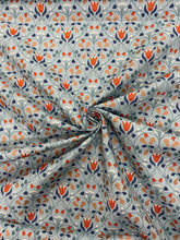 Load image into Gallery viewer, Metallic pears with flowers cotton fabric - 1/2 mtr light blue/dark blue