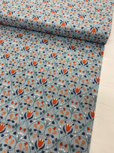 Load image into Gallery viewer, Metallic pears with flowers cotton fabric - 1/2 mtr light blue/dark blue