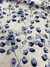 Load image into Gallery viewer, Blue vine leaf on white viscose - 1/2mtr - Dressmaking Fabric