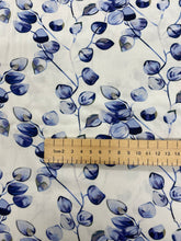 Load image into Gallery viewer, Blue vine leaf on white viscose - 1/2mtr - Dressmaking Fabric