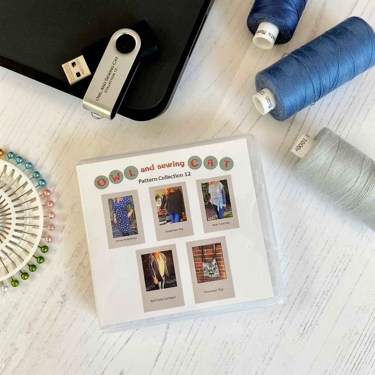 USB 12 Collection Patterns owl and sewing cat