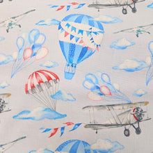 Load image into Gallery viewer, Gorgeous cotton fabric with a hot air balloon and planes print