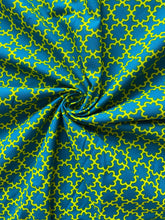 Load image into Gallery viewer, Teal blue &amp; lime geometric flowers cotton fabric - 1/2 mtr