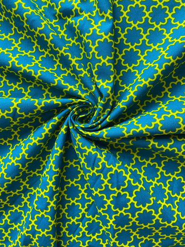 Teal blue & lime geometric flowers cotton fabric - 1/2 mtr