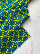 Load image into Gallery viewer, Teal blue &amp; lime geometric flowers cotton fabric - 1/2 mtr