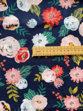 Load image into Gallery viewer, Navy &amp; pastel large floral cotton fabric - 1/2 mtr