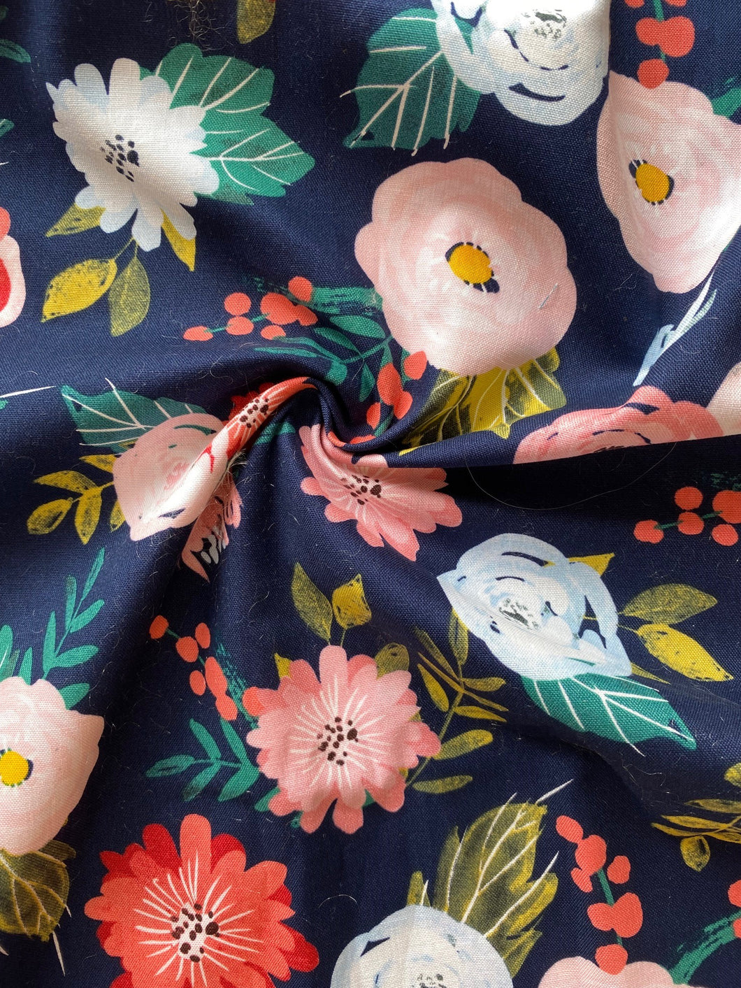 Navy & pastel large floral cotton fabric - 1/2 mtr