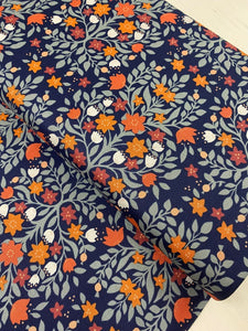 Folk damask floral navy blue cotton fabric - 1/2 mtr
