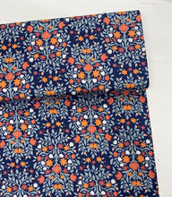 Load image into Gallery viewer, Folk damask floral navy blue cotton fabric - 1/2 mtr