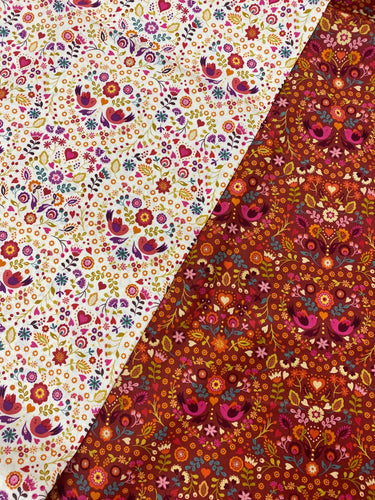 Little bird floral heart cotton fabric - 1/2 mtr - cream/red