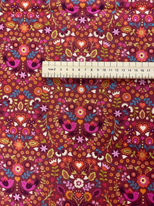 Little bird floral heart cotton fabric - 1/2 mtr - cream/red