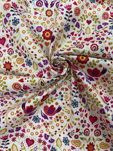 Little bird floral heart cotton fabric - 1/2 mtr - cream/red