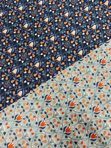 Metallic pears with flowers cotton fabric - 1/2 mtr light blue/dark blue