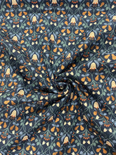 Load image into Gallery viewer, Metallic pears with flowers cotton fabric - 1/2 mtr light blue/dark blue