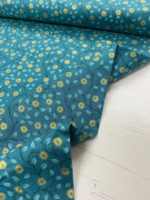 Load image into Gallery viewer, Gold metallic flowers on green cotton fabric - 1/2 mtr