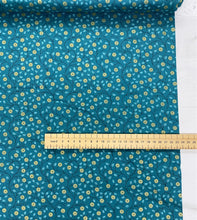 Load image into Gallery viewer, Gold metallic flowers on green cotton fabric - 1/2 mtr