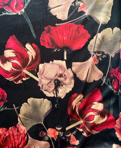 Fabric Remnant - Black Floral Print Velour Fabric - 75cm