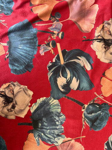 Fabric Remnant - Claret Red Floral Print Velour Fabric - 90cm