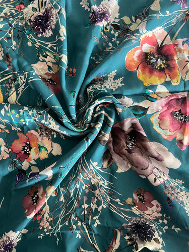 Fabric Remnant - teal floral viscose - 100cms