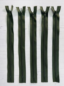 zips 10" long x 5 - colour dark green as shown