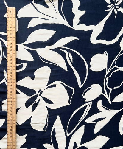 Large Flioral Navy/white Satin Print Fabric - 1/2mtr - Dressmaking Fabric