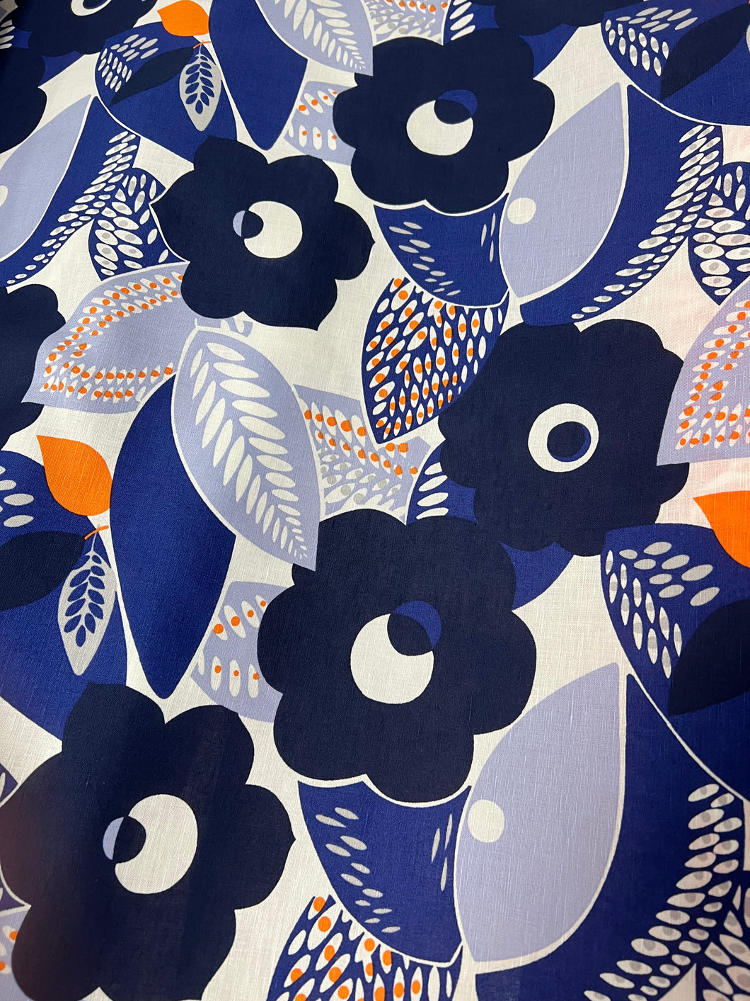 Large Print Linen/Viscose x 1/2m - blue/white/orange - Dressmaking Fab owl and sewing cat Large Print Linen/Viscose x 1/2m - blue/white/orange - Dressmaking Fab owl and sewing cat