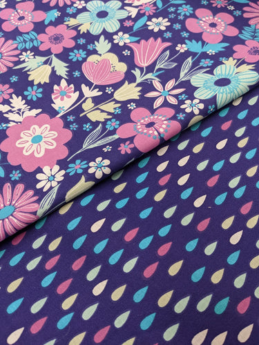 Aqua and pink floral or raindrop cotton fabric - 1/2 mtr