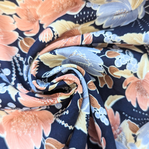 Navy and blue floral print viscose fabric - 1/2mtr