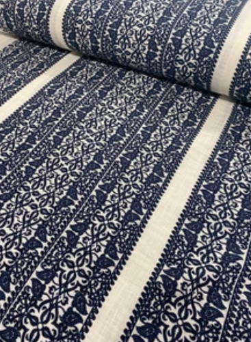 Fabric Remnant - Navy block print linen/gauze - 180cms