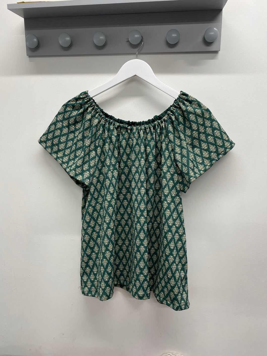 Gracie Gathered Top Kit sizes 10-28 - green diamond print stretch crepe