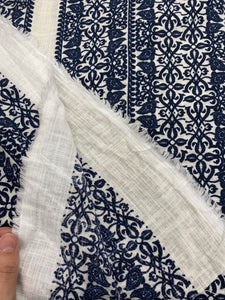 Navy block print linen/gauze x 1/2mtr - Dressmaking Fabric