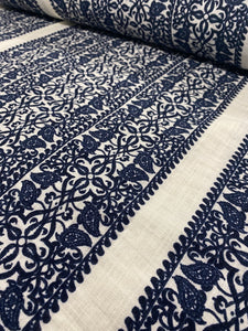 Navy block print linen/gauze x 1/2mtr - Dressmaking Fabric