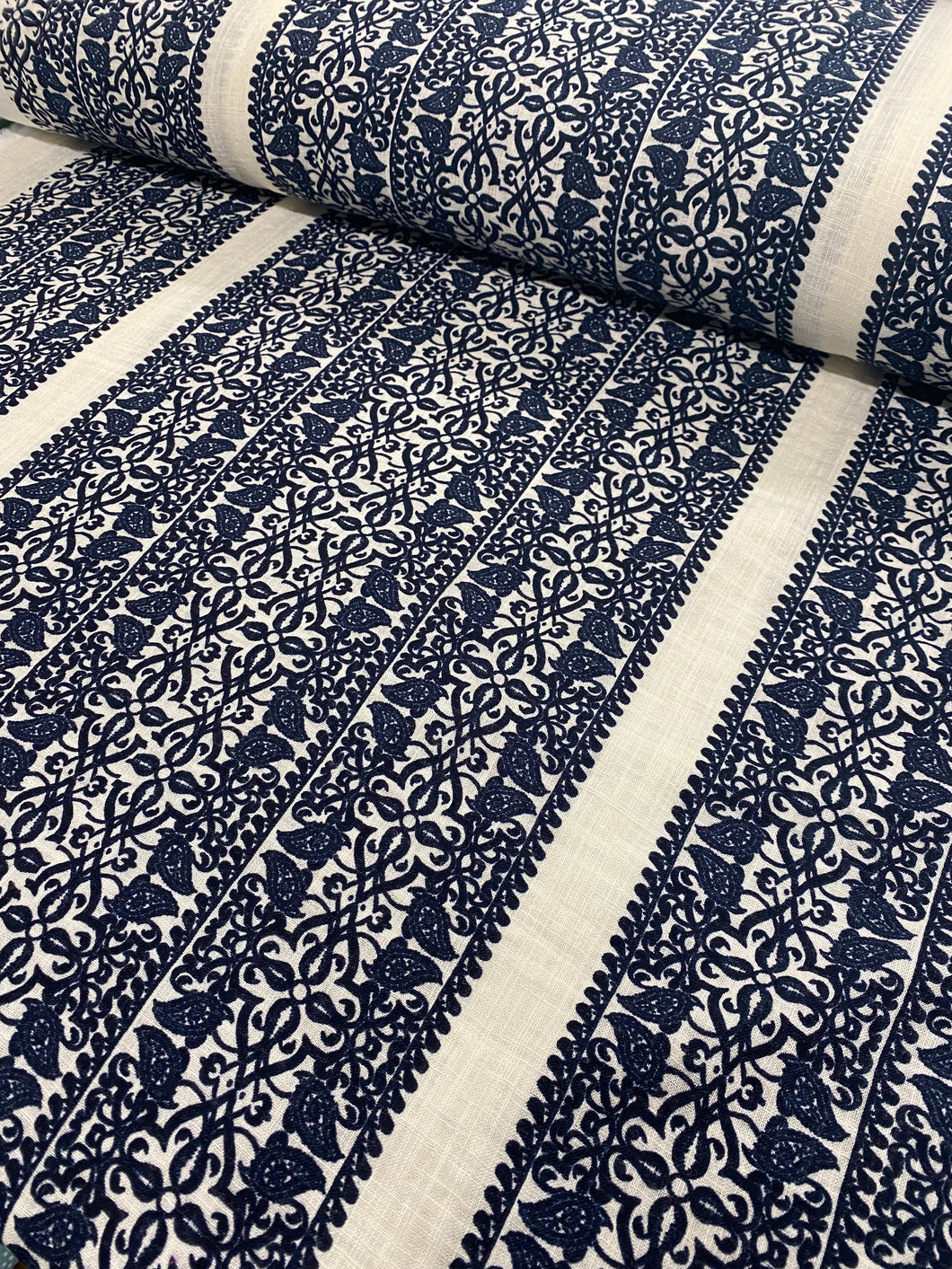 Navy block print linen/gauze x 1/2mtr - Dressmaking Fabric