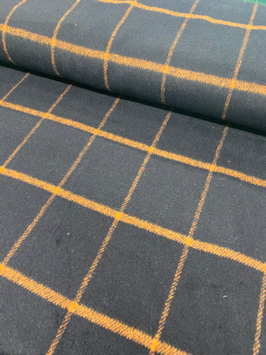 Navy & orange checked wool mix fabric 56cm x 140cm remnant