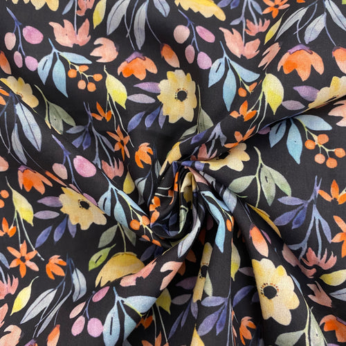 Black & Pastel Floral Cotton Lawn - 1/2mtr - Dressmaking Fabric
