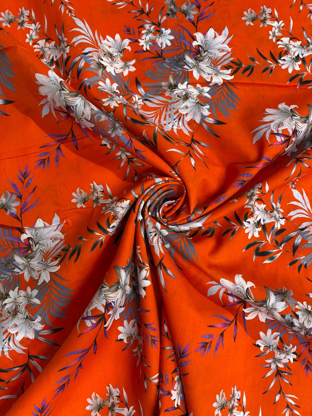 Orange Floral Cotton Lawn Fabric - 1/2mtr - Dressmaking Fabric