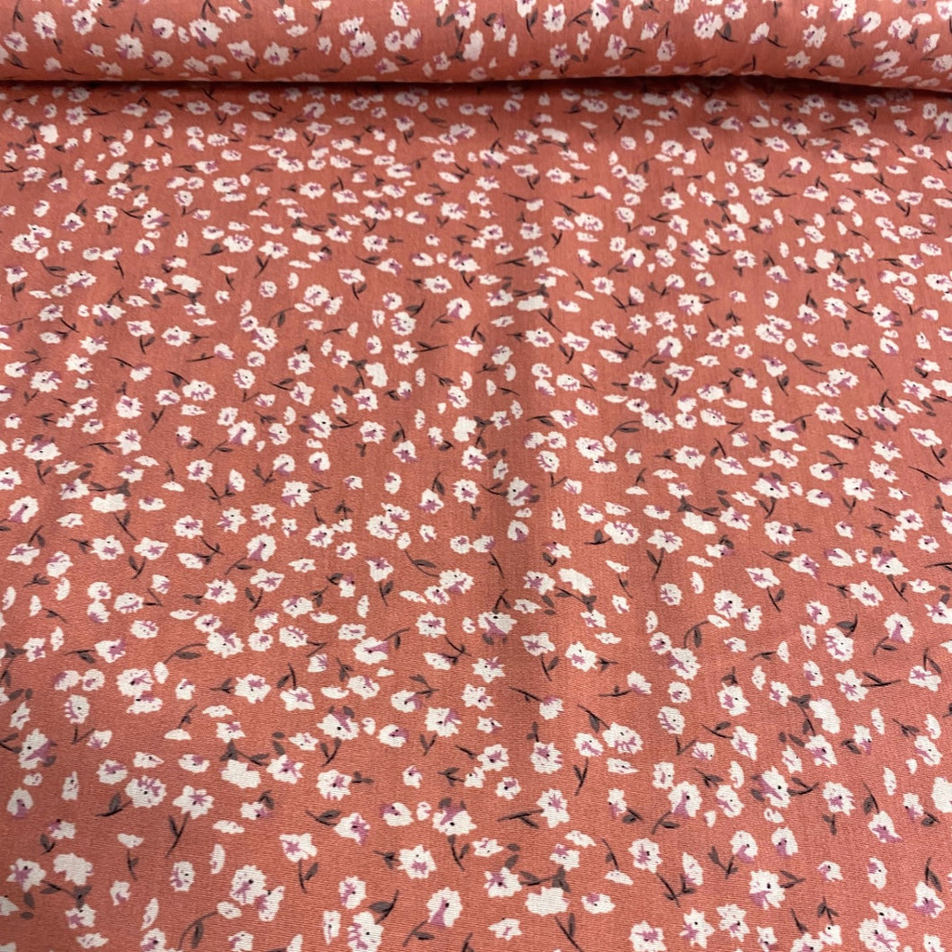 Salmon Pink and White Ditsy Floral Viscose Fabric - 1/2mtr - Dressmaking Fabric