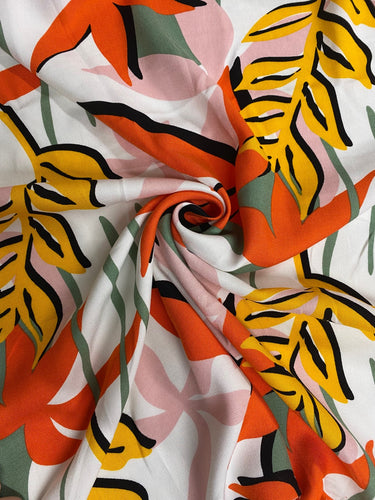 Fabric Remnant - orange leaf viscose twill - 65cms