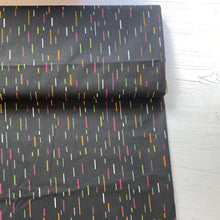 Load image into Gallery viewer, Black with colourful dashes cotton fabric - 1/2m