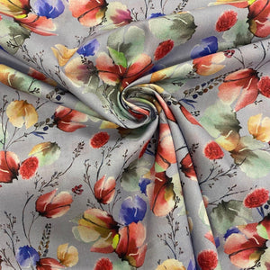Grey/blue autumnal floral cotton lawn - 1/2mtr - Dressmaking Fabric
