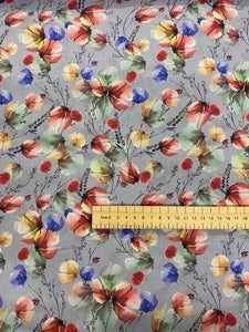 Grey/blue autumnal floral cotton lawn - 1/2mtr - Dressmaking Fabric