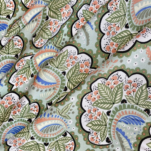 Scallop sage and peach leaf print viscose fabric - 1/2mtr