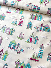 Load image into Gallery viewer, Beach huts pretty pastels cotton fabric (wide) - 1/2 mtr