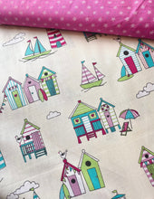 Load image into Gallery viewer, Beach huts pretty pastels cotton fabric (wide) - 1/2 mtr