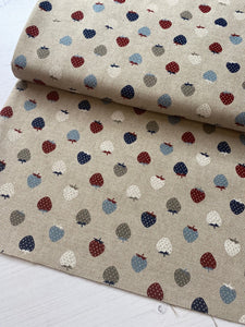 Red and blue strawberries hessian/linen heavyweight fabric - 1/2mtr
