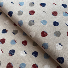 Load image into Gallery viewer, Red and blue strawberries hessian/linen heavyweight fabric - 1/2mtr