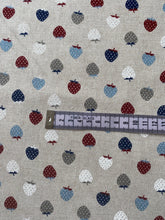 Load image into Gallery viewer, Red and blue strawberries hessian/linen heavyweight fabric - 1/2mtr